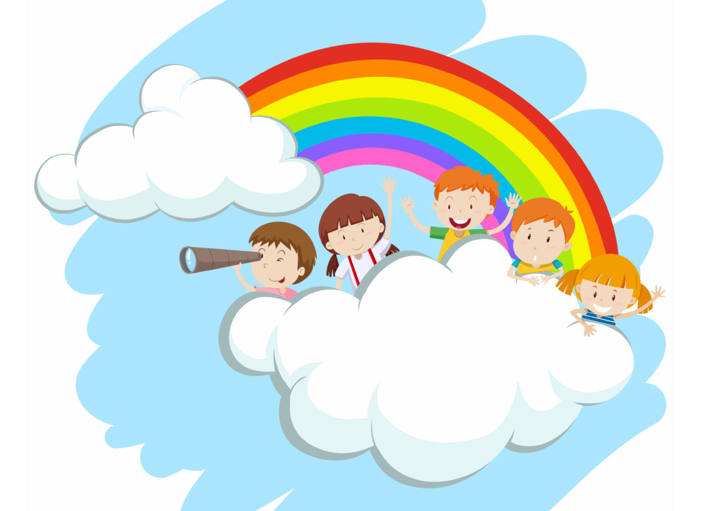 Illustration mit Kindern und einem Regenbogen, Designed by Freepik